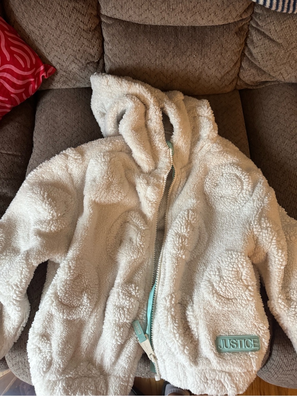 Justice Cream Sherpa Hoodie Jacket with Mint Accents